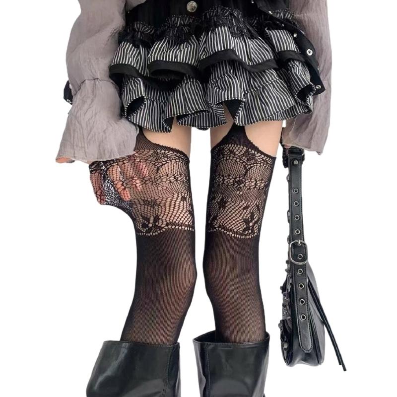 Women Hollowout Garter Belt Pantyhose Flower Lace Patterned Sheer Thigh High Stockings Suspender Strap Tights Hosiery