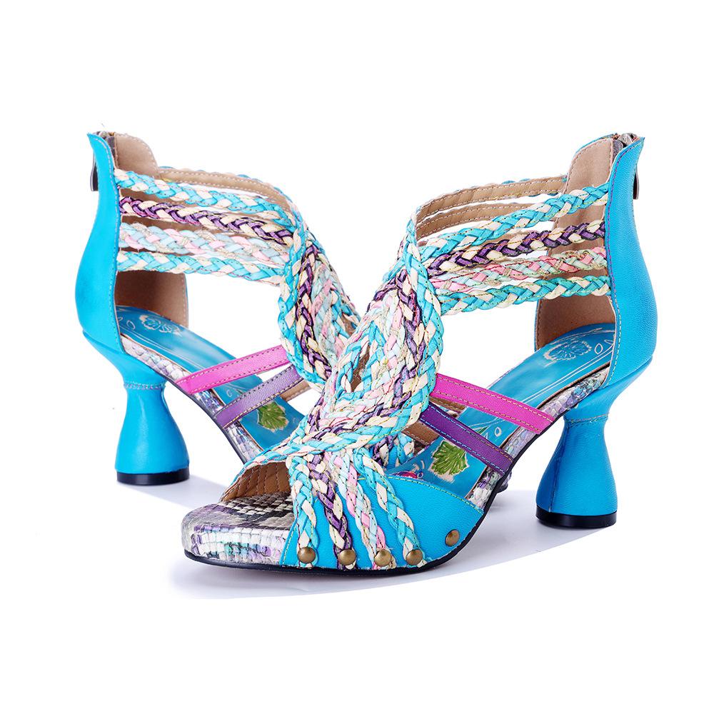 Johnature Ręcznie robione sandały damskie na wysokim obcasie z prawdziwej skóry, plecione, w stylu bohemy, ażurowe