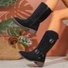 Suede Western Cowboy Boots Women 2025 Autumn Vintage Metal Buckle Black Ankle Boots Woman Thick Heels Side Zip Short Boties 42