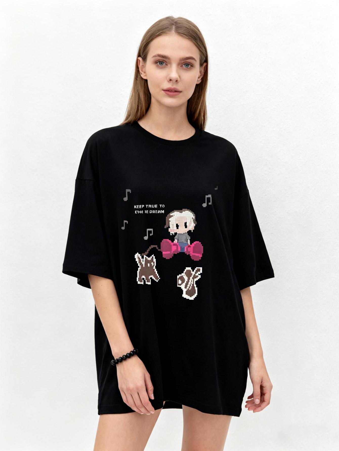 

Oversized T Shirt Black Pixel Art Cartoon Character Music Notes Keep True To One Dream Print Casual Streetwear Women s Top XXXXL чёрный