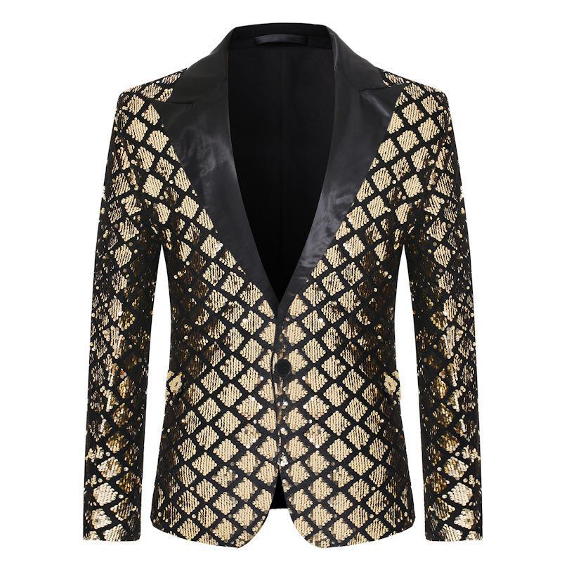 Gold Sequin Performance Suit for Men - 2024 European & American Style, Large Size, Perfect for Nightclub, Host, or Emcee Events