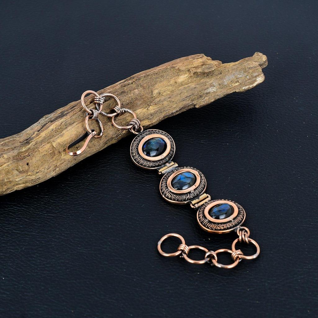 Labradorite Bracelet, 999 Copper Wire Wrapped Jewelry, Gemstone Bracelet Whit Adjustable Chain Gift For Her, Handmade Dainty Jewelry