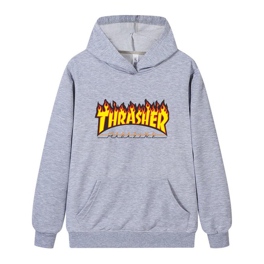 W02-1 Unisex Thrasher Flame Print Hoodie Men Casual Loose Long Sleeve Hooded Sweatshirt Streetwear Pullover
