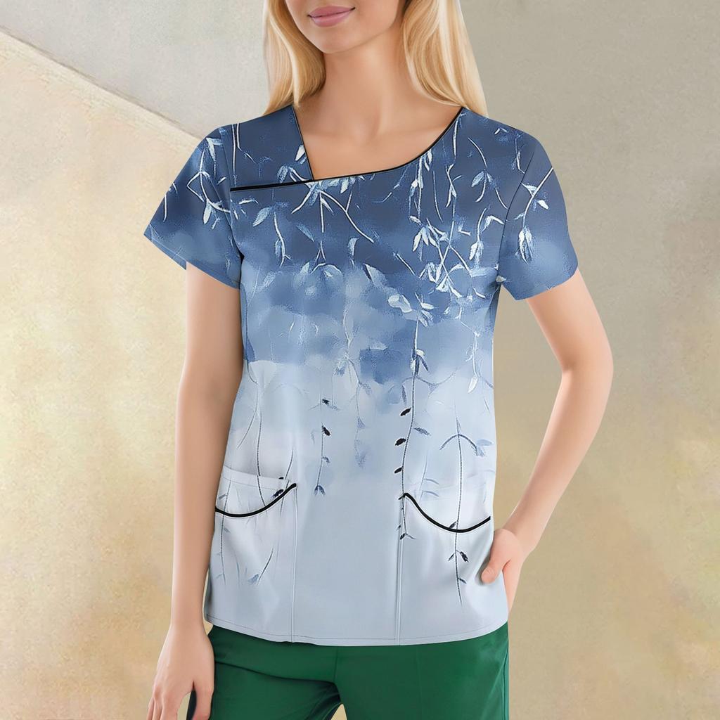 Women's Casual  Print Short Sleeve Sloping Collar Workwear Top With Double Pockets