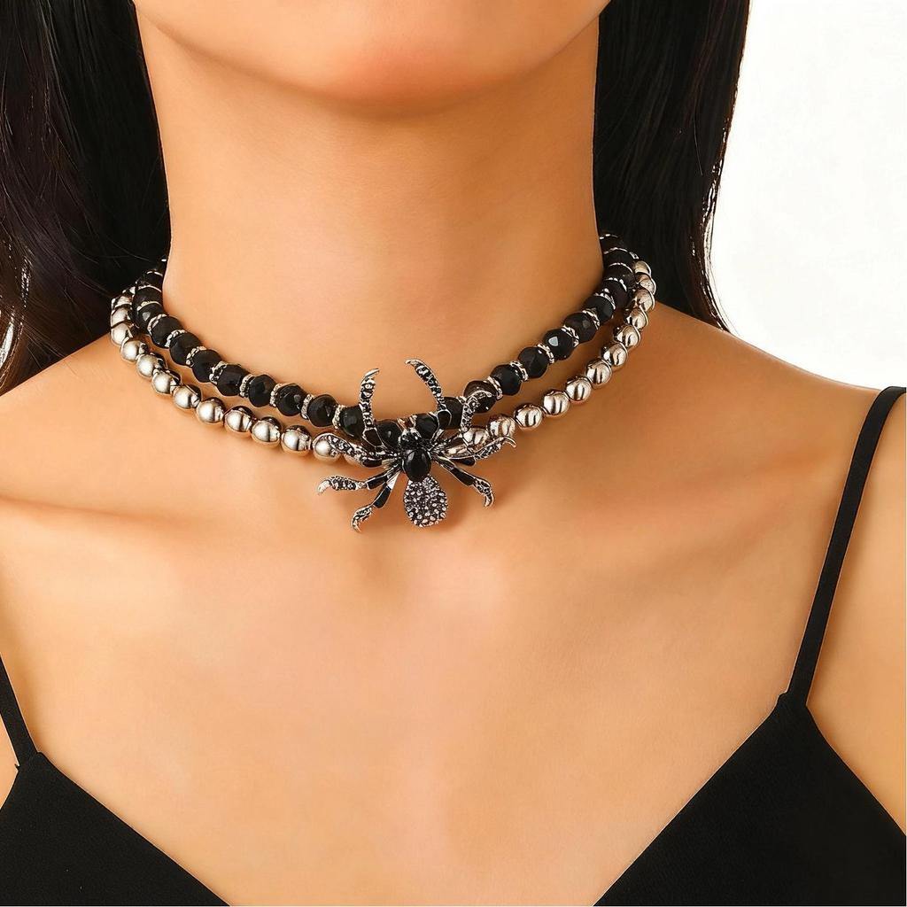 Gothic Punk Rhinestone Spider Jewelry Set for Halloween (Necklace, Bracelet, Ring) Unisex