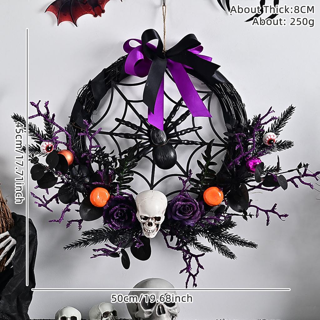 1PC HALLOWEEN wreath Simulated Skull Halloween Haunted house horror party decoration Door hanging purple wreath and rattan ring