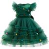 Girls Christmas Tree Dress Flying Sleeve Xmas Party Tutu Dress Bow Knot Colorful Pompoms Mesh Dress