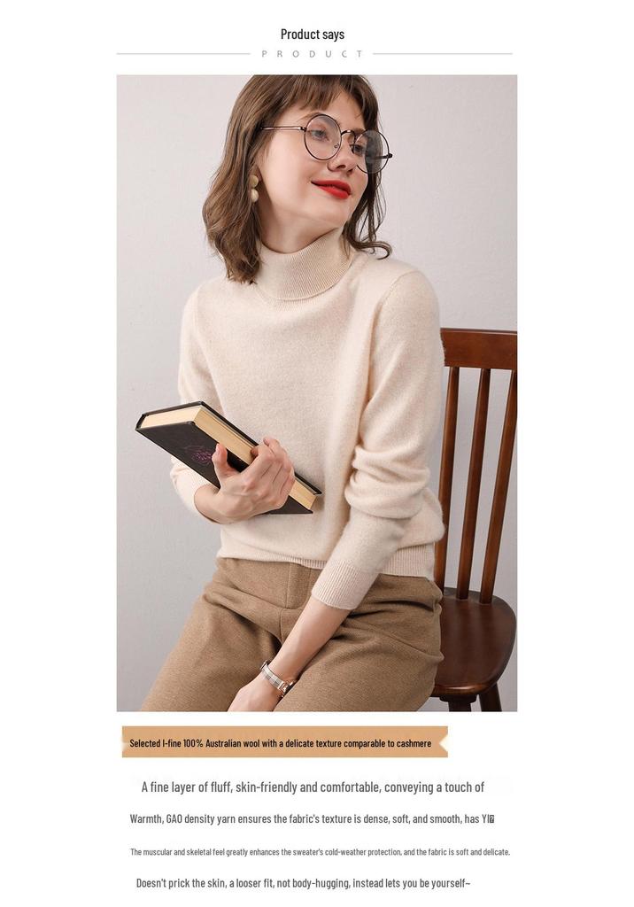Women's High Neck 100% Pure Wool Sweater - Cashmere Knit Inner Layer Cardigan for Autumn & Winter