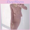 Spring Long Sleeve Knitted Twopiece Set For Women With Pearl Embellishments And Tight Waist Skirt