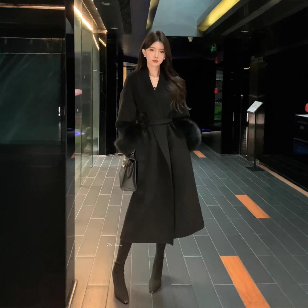 Black Woolen Coat Women's Autumn and Winter Waist Medium and Long Woolen Coat
