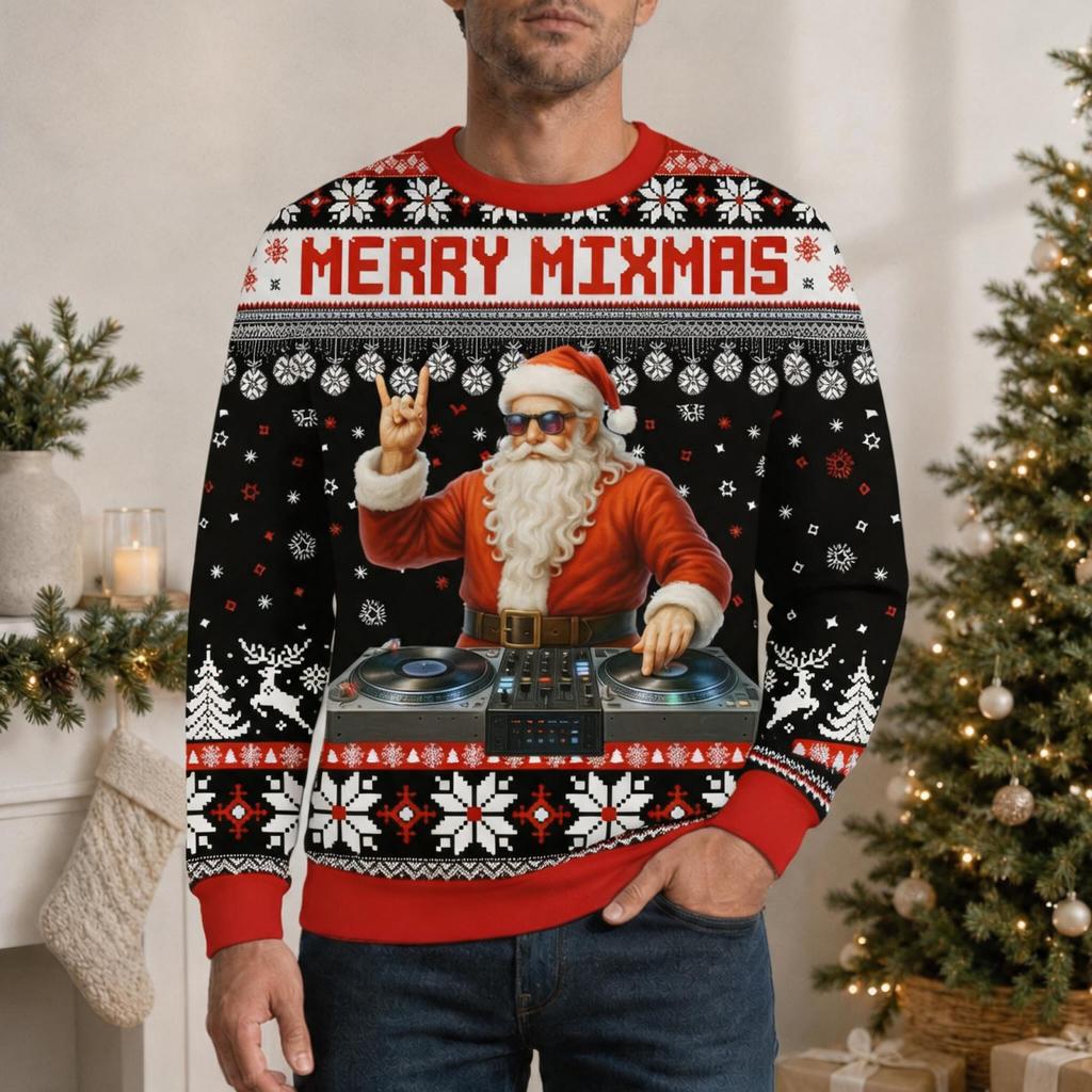 Men's Casual Pullover with Christmas Print Round Neck Long Sleeve Winter Top