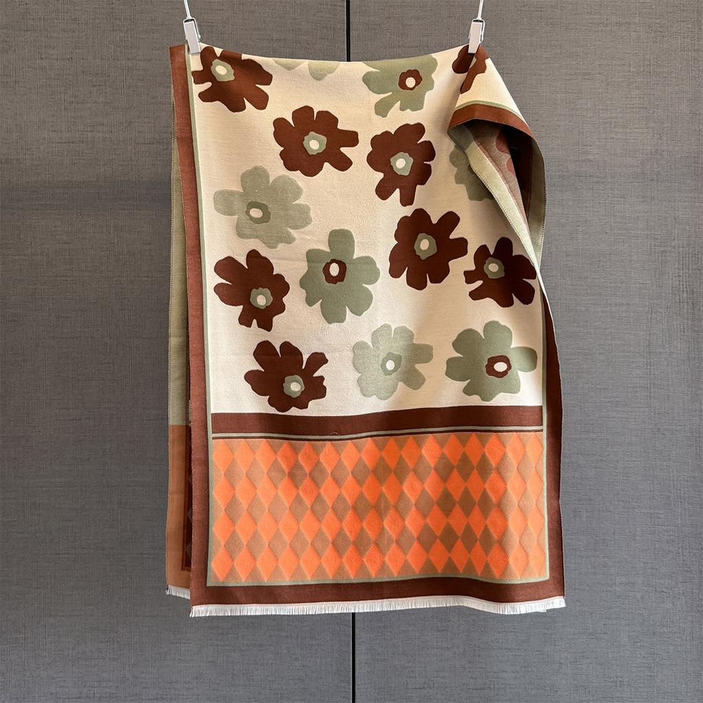 Autumn New Flower Printed Scarf Women's Imitation Cashmere Warm Multi-functional Scarf Temperament Versatile Large Shawl