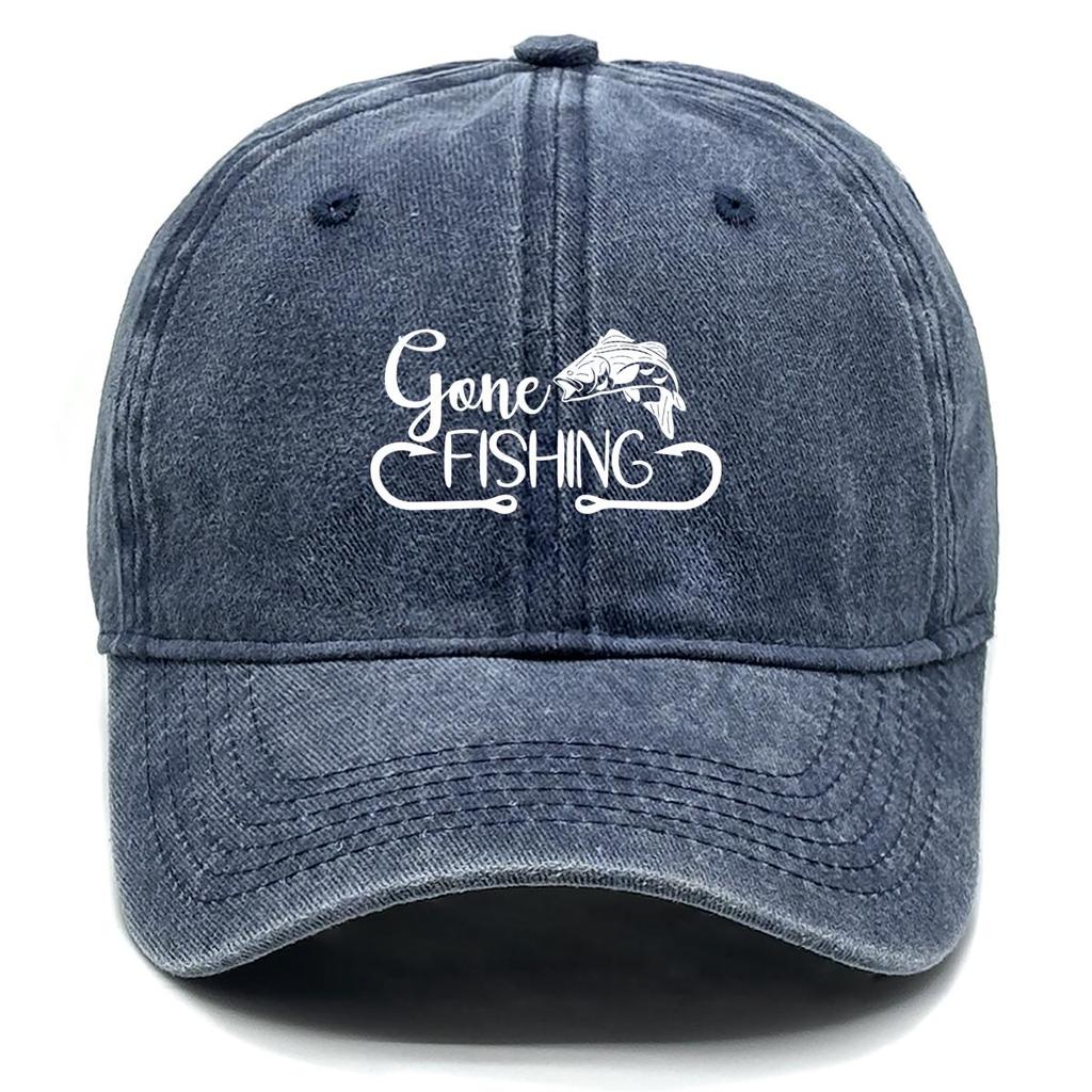 Gone FISHING" Print Snapback Sun Hat, Fishhook Dad Hat Leisure Headwear Distressed Solid Snapback Baseball Cap