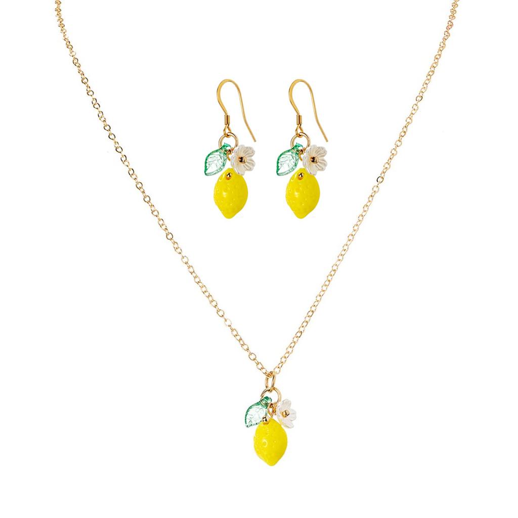 Conjunto de Collar y Pendientes de Limón Fresco, Cadena para Clavícula de Fruta de Verano con Goteo de Aceite, Estilo Dulce y Juvenil Dos Piezas Accesorios para Orejas