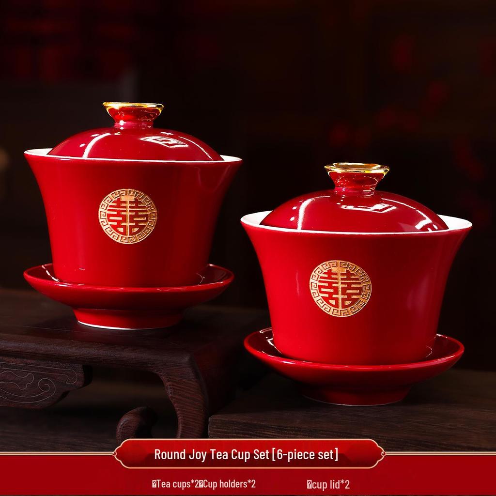 Red Wedding Tea Set: Teacups, Bowls, Chopsticks for Toasting & Dowry