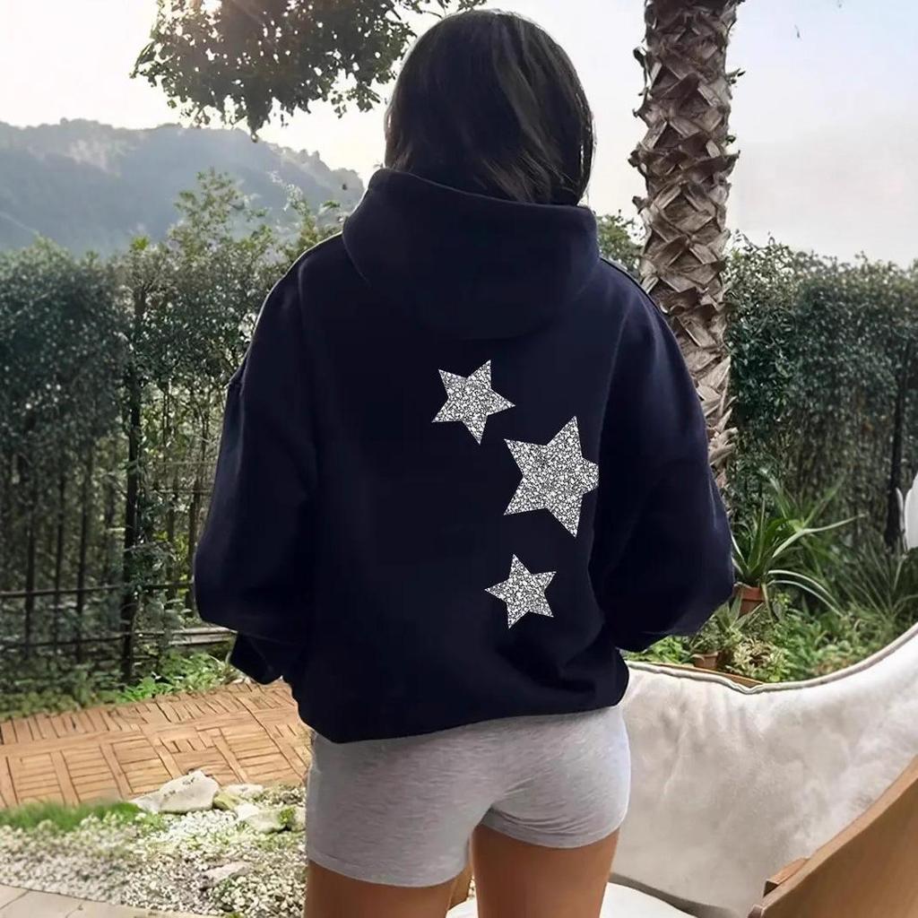 American Style 2025 Hooded Sweatshirt with Silver Stars - Casual Loose Pullover Outerwear