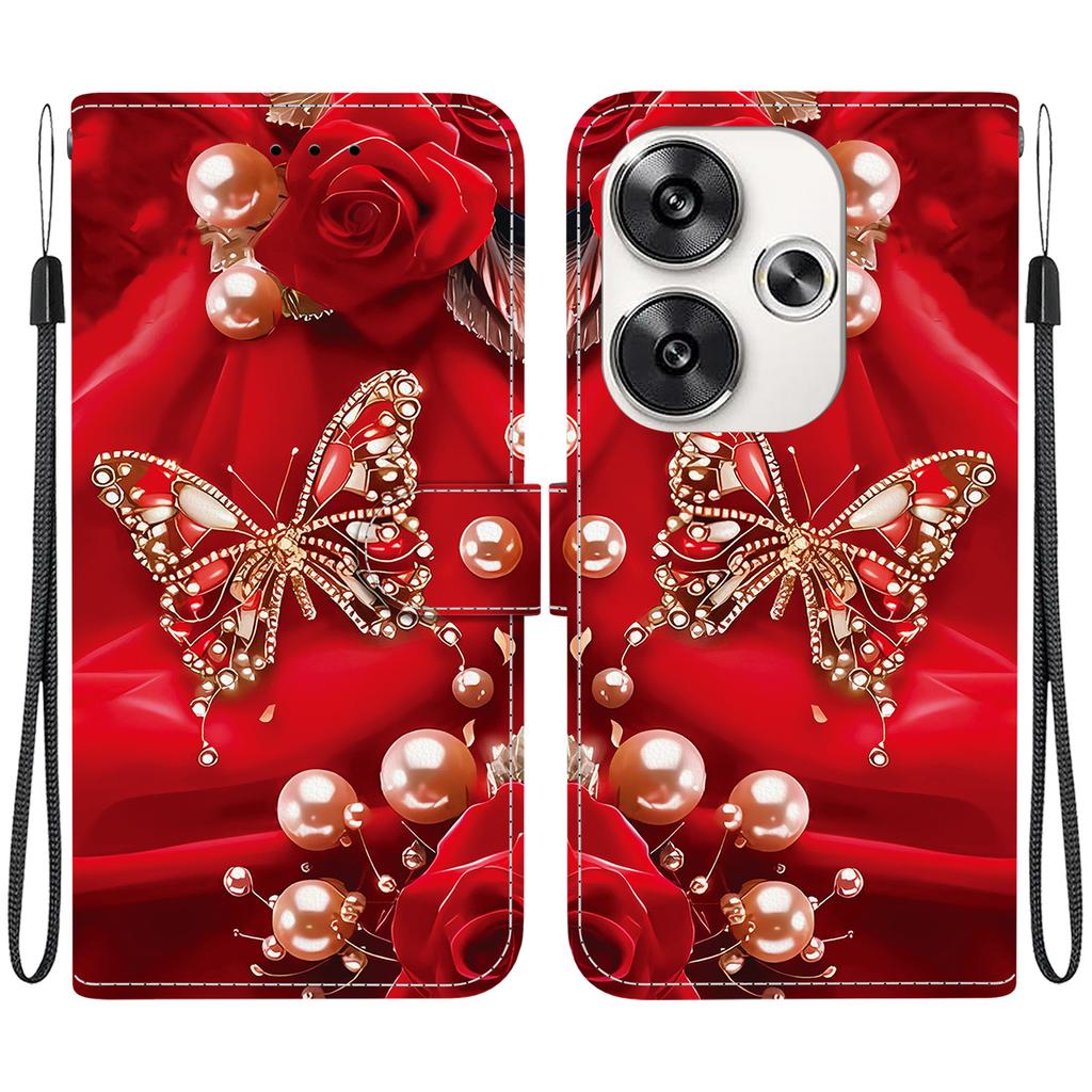 Handmade PU Leather Flip Case for Xiaomi Poco F6 Anti-Slip Shockproof Cover with Wrist Strap & Heart/Rose Cat Designs