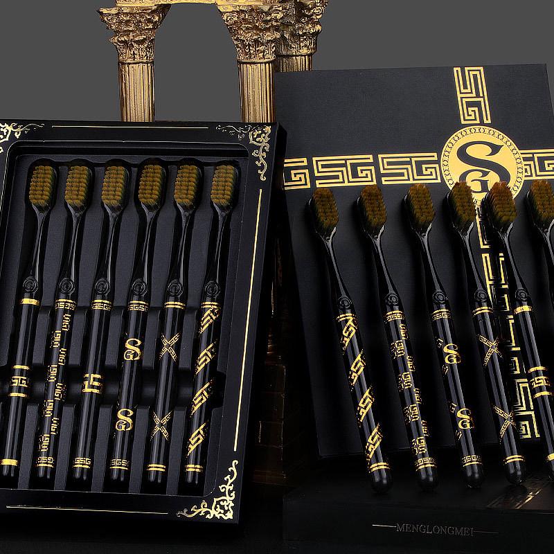 Luksusowy Zestaw Szczoteczek do Zębów z Miękkim Włosiem Hazy Beauty: Czarny Złoty Uchwyt, Szeroka Główka, 6-częściowe Pudełko Prezentowe