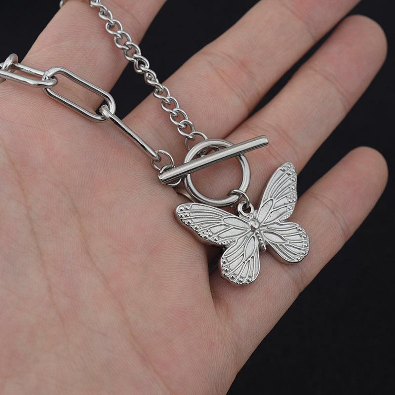 Stainless Steel Butterfly Necklace, Asymmetric Chain Mixed and Matched OT Buckle Necklace, Cold Wind