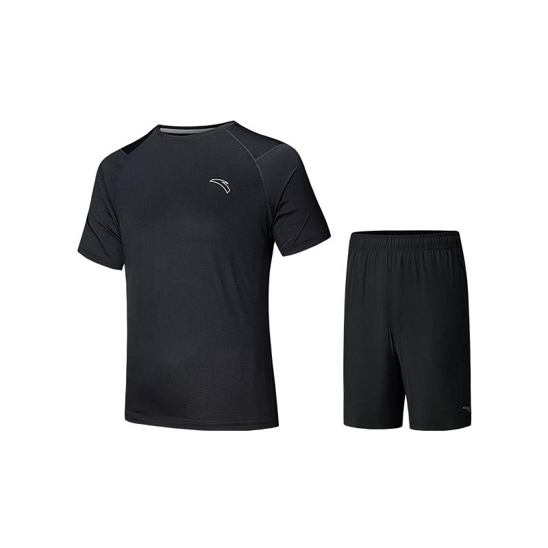 

Anta Breathable Solid Color Round Neck Short Sleeve T-Shirt And Mid Waist Shorts Casual Sports Set Men sets Basic-Black 952525203-4
