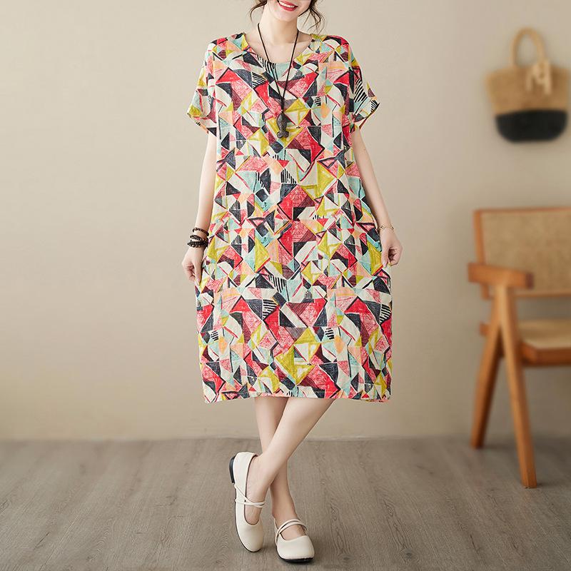 

Хлопковое платье из конопли, женская летняя новая юбка-миди в стиле ретро с короткими рукавами и старением головы One Size разноцветный