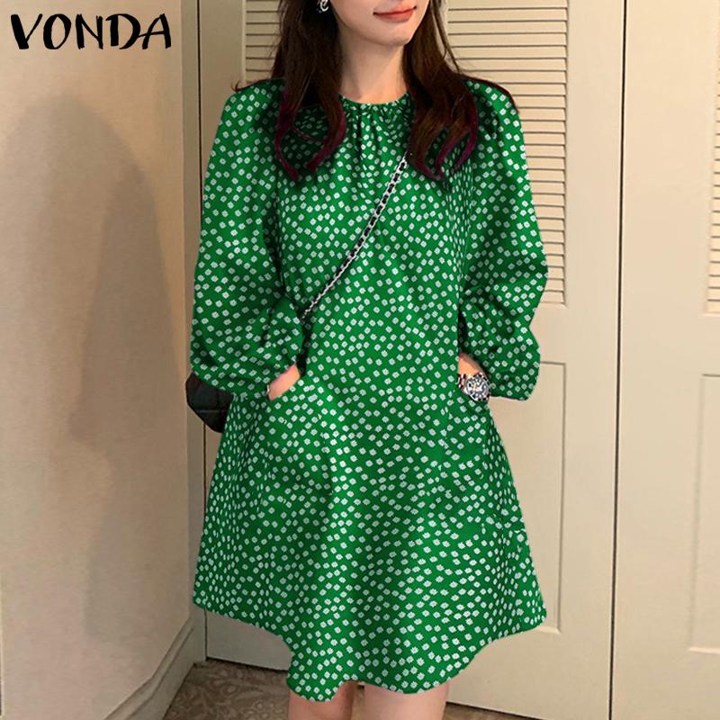 

VONDA женские летние короткие платья с круглым вырезом и длинными рукавами и раздавленным цветком