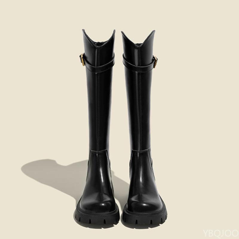 Spring And Autumn New Knight Women'S Shoes Versatile Thick Soled Long Tube Slimming Boots Solid Color Western Boots Platform