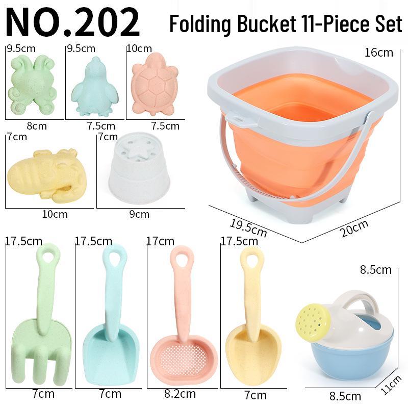 Children's 11-Piece Beach Sand Play Set - Folding Bucket and Shovels