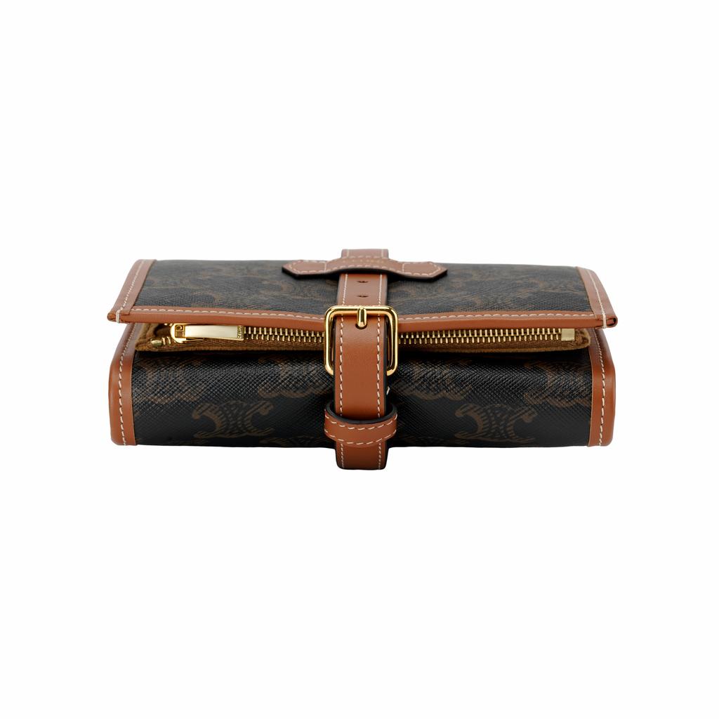Celine Triomphe Canvas And Calfskin Zip Coin Purse Card Holder Women Wallet Brown 4M0962DIU-04LU
