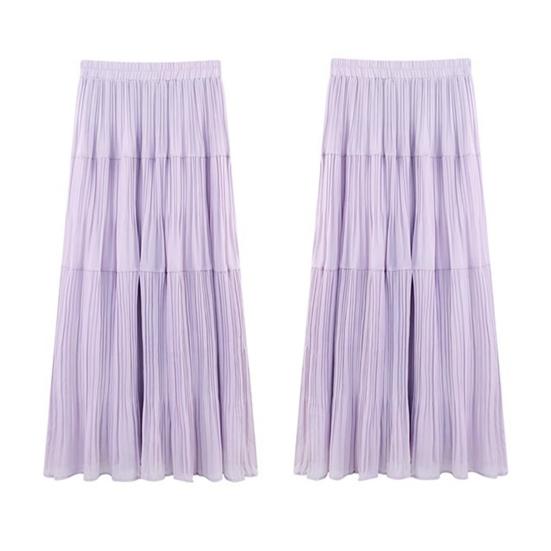 Women Maxi Skirt Elastic High Waist Flowy Hem Long Skirt Solid Color Splicing Design Slimming Skirt Daily Wear