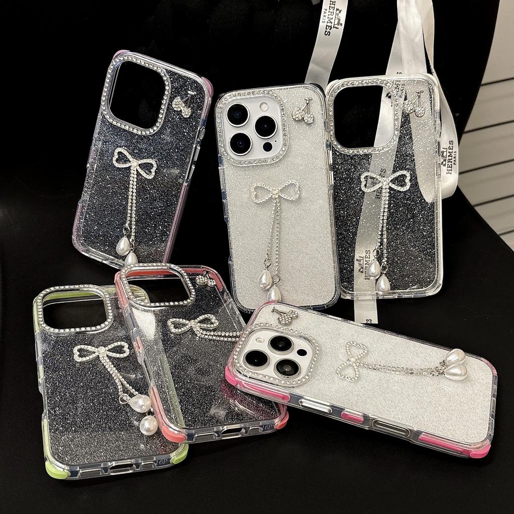 For iPhone 16 Pro Max Case Rhinestone Decor Glitter TPU Phone Cover with Bow Tassel