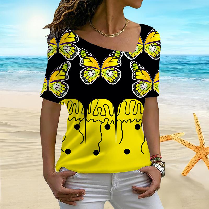 

Женская женская футболка с 3D-бабочкой и принтом в горошек, фейерверком, цветением, нерегулярным воротником, с короткими рукавами и низом 8XL жёлтый