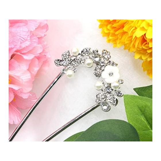 Meow Meow Hairpin Hair Accessory U-Shaped for Kimono Yukata Formal Kimono with Pearls, Metal, Antique Flower, Silver