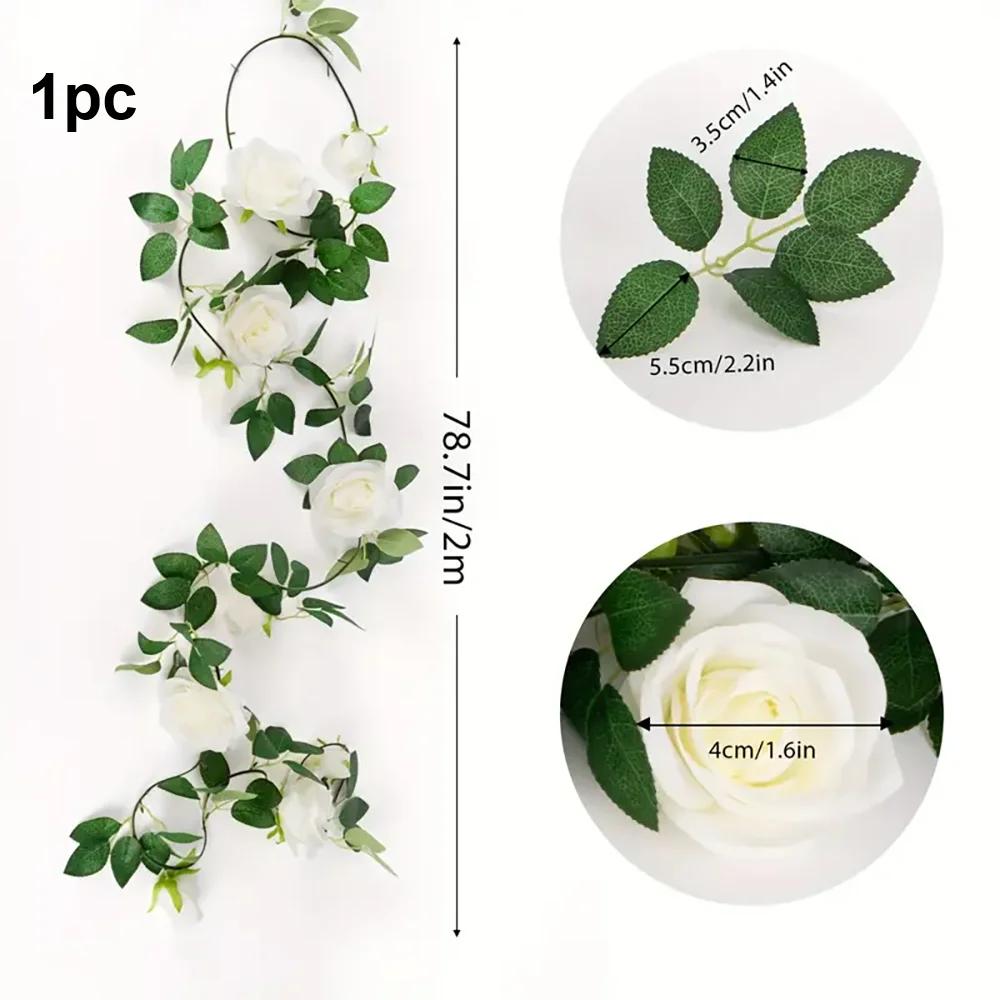 

2m Artificial Floral Garland With White Rose, Fake Vines Silk Flower Hanging Rose Garland For Wedding Arch Garden Background 200cm