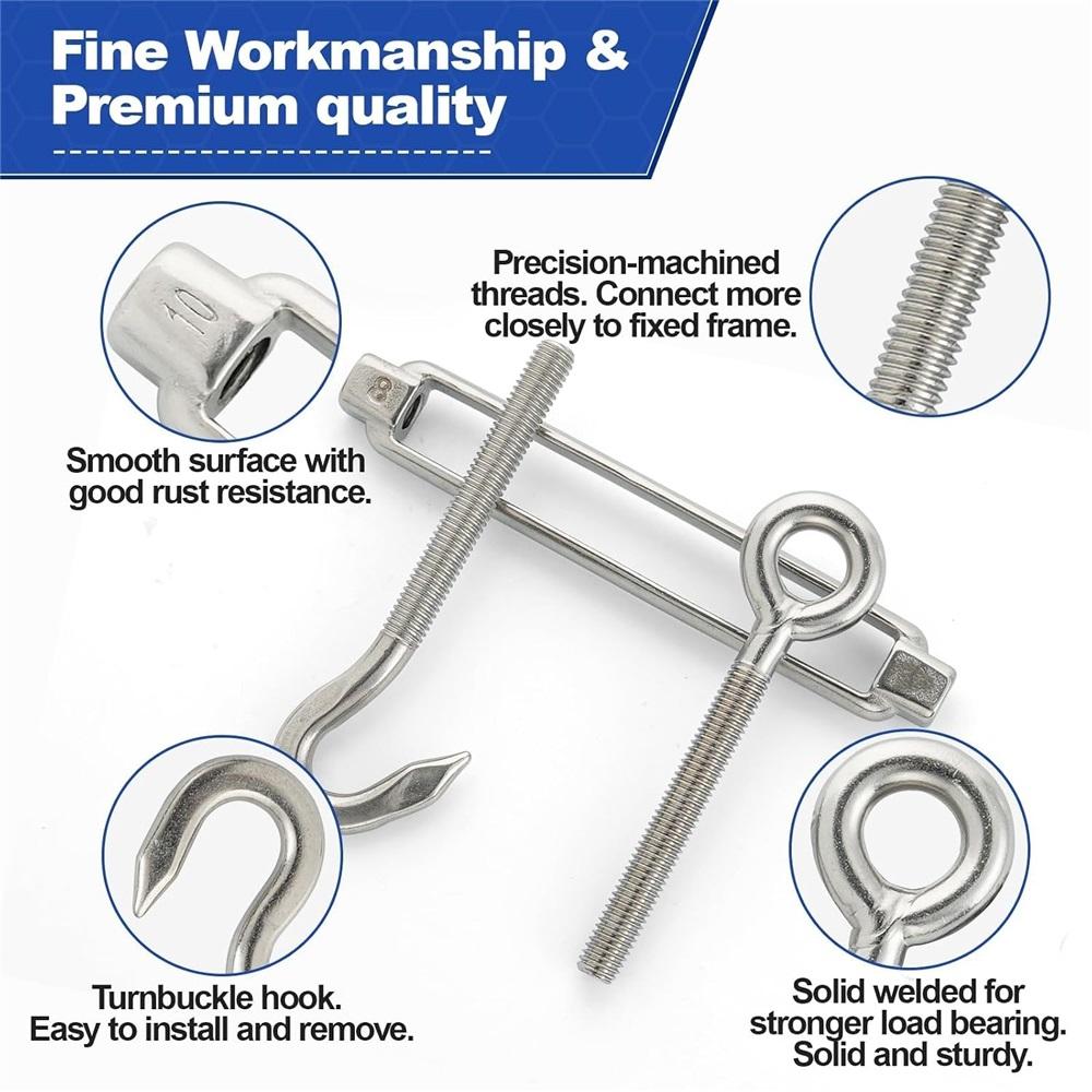 304 Stainless Steel Hook & Eye Turnbuckle 4 Pack, Adjustable Wire Rope Tensioner, Cable Tightener For Boat, Shade Sail, Tent Rigging Hardware