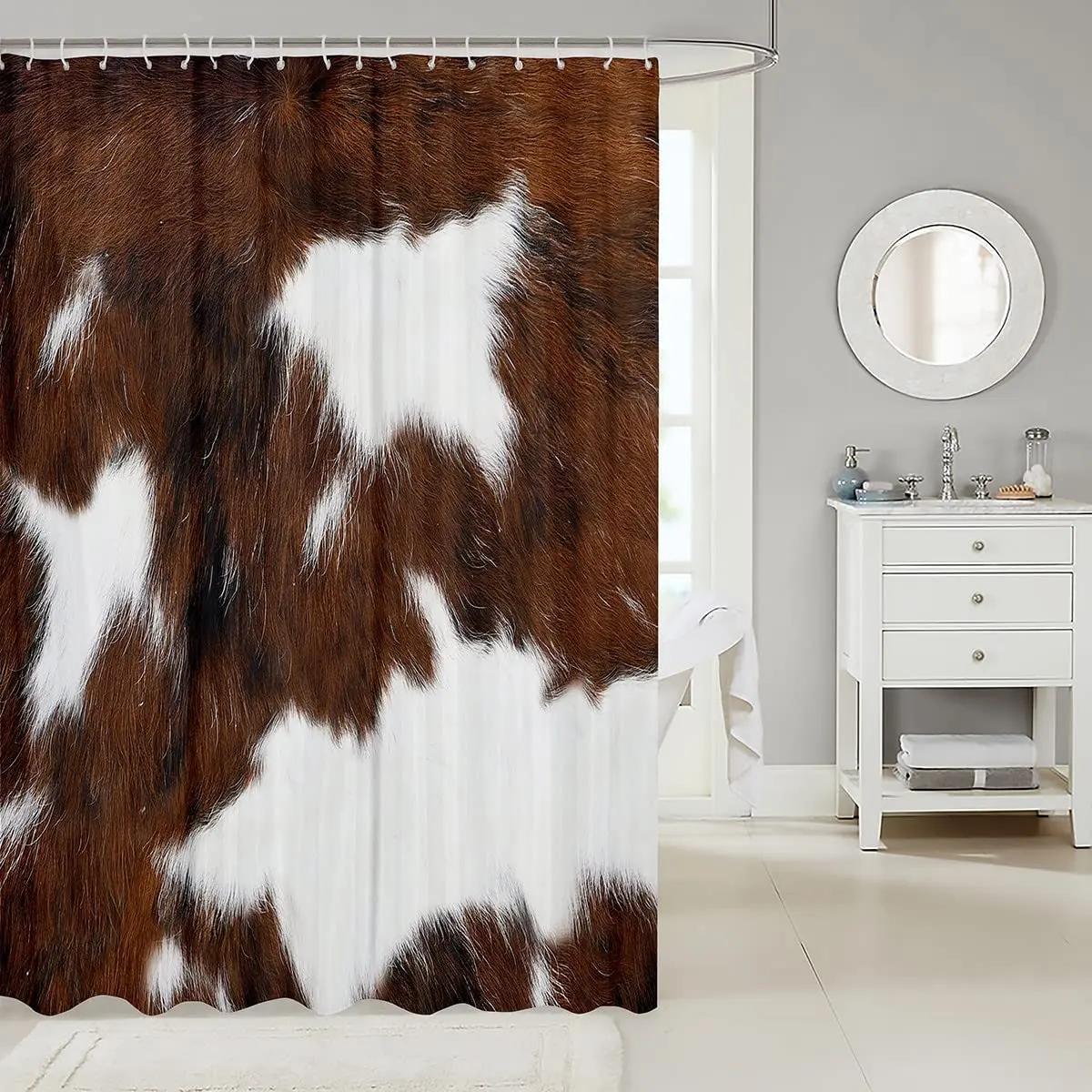 

Cow Fur Bathroom Curtain Farmhouse Cowhide Shower Curtain Cattle Fur Black White Bathroom Animal Skin Fabric Shower Curtain Set W60H190(CM)-1 Pcs
