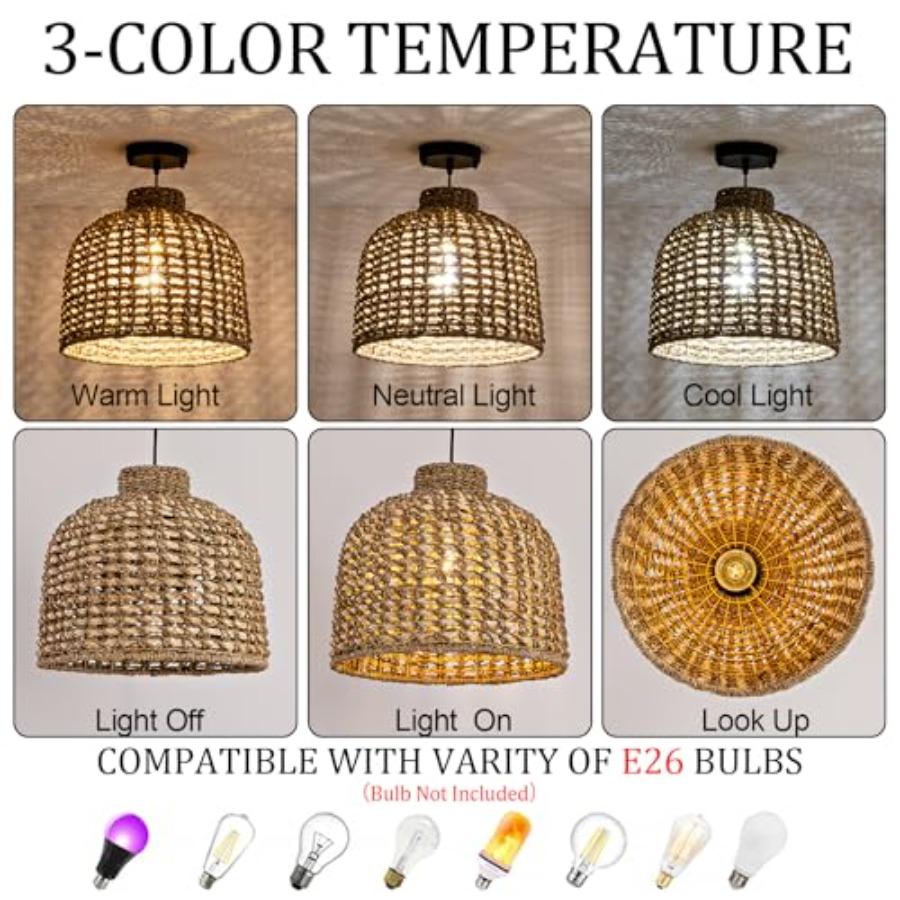 Boho Seagrass Pendant Light 13.78 Hand Woven Rattan Chandelier for Dining Living Bedroom Kitchen Farmhouse Natural Color Sustai