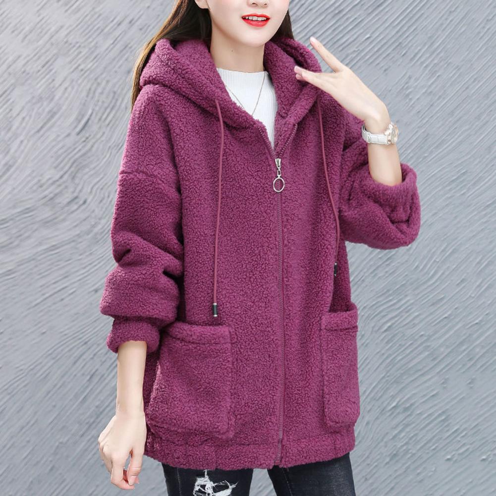 Autumn Winter Lady Coat Solid Color Drawstring Fleece Wear-resistant Women Jacket  Women Jacket Winter Loose Zipper Cardigan Coat