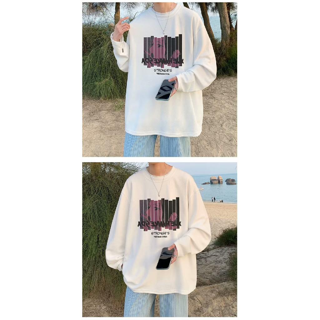 2024 Herren Langarm T-Shirt Herbst Unterhemd Langarm Baumwolle Herbst Hong Kong Stil Druck Lose Trendy Top