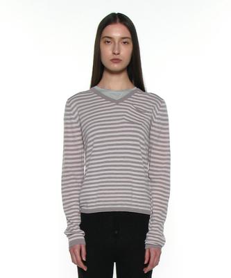 PARTIMENTO WOMEN Pwc Sheer V-Neck Knit Sweater_Gray Stripe