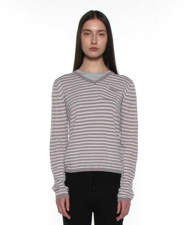 PARTIMENTO WOMEN Pwc Sheer V-Neck Knit Sweater_Gray Stripe