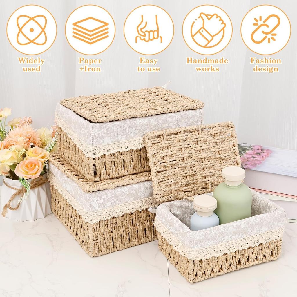 Set of 3 Woven Storage Baskets with Lids Decorative Paper Rope Wicker Baskets Nursery & Bedroom Organiser Boxes with Removable Washable Lining