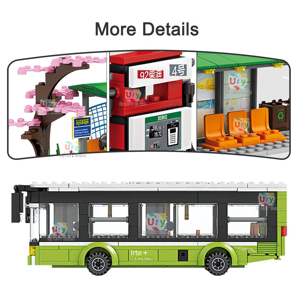 City Traffic Car Green Blue Passenger Bus Station Single-Deck Public Set Figures Model Building Blocks Diy Toys For Boys Gifts