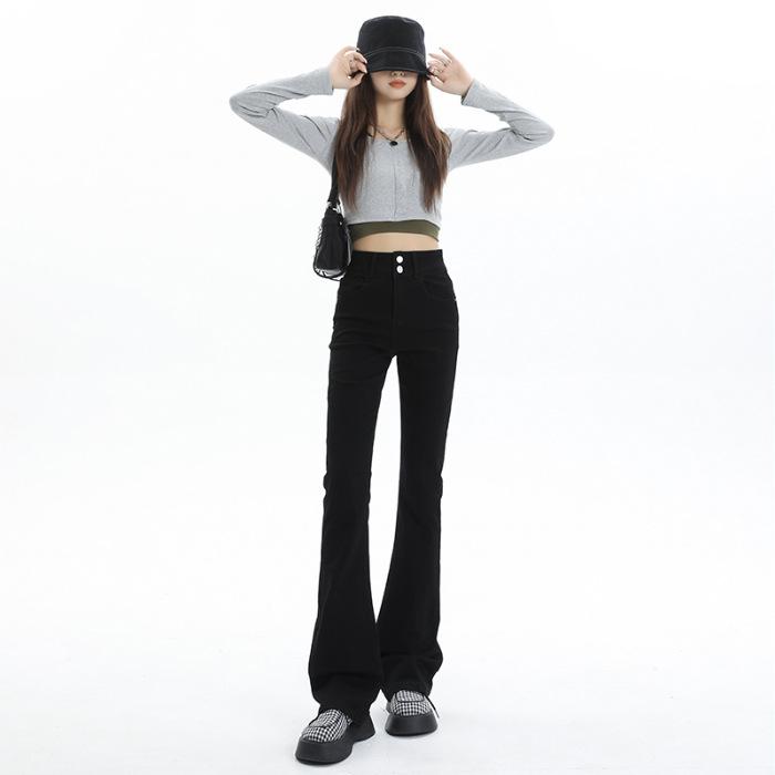 Fleece Slightly Pulled Jeans, Thickened Fleece Double-buckle Elastic High-waisted Belly and Thin Denim Flared Pants