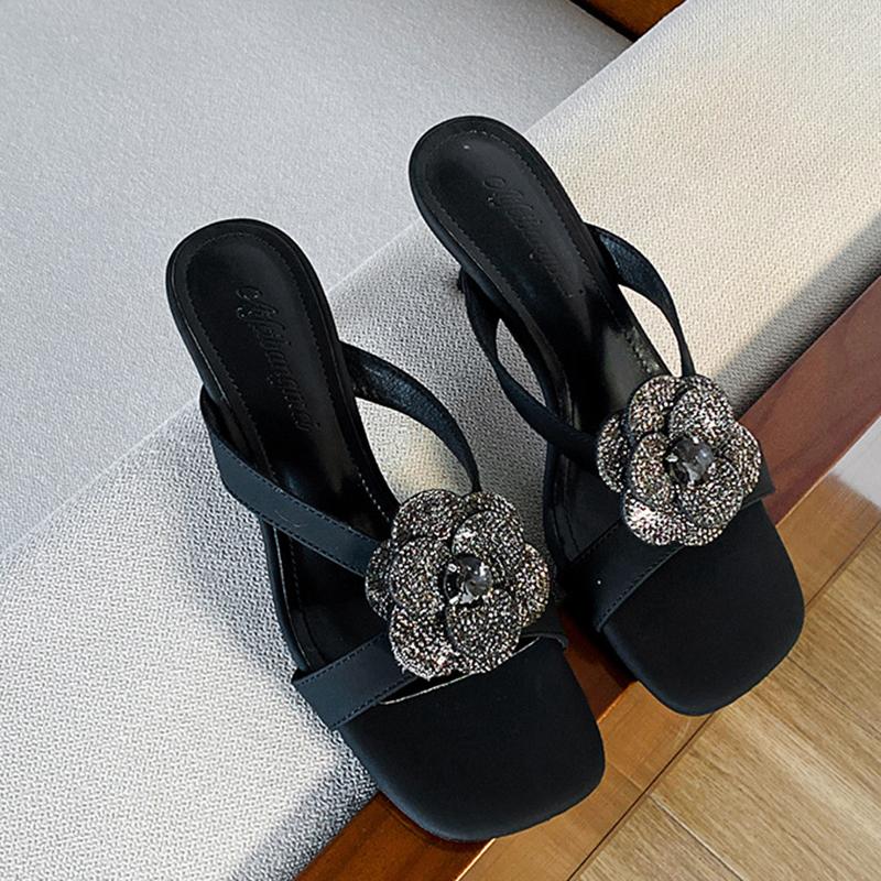 

Fashion camellia flower high heels slippers women narrow band crystal floral slides party shoes female glitter beading sandalias mujer 34