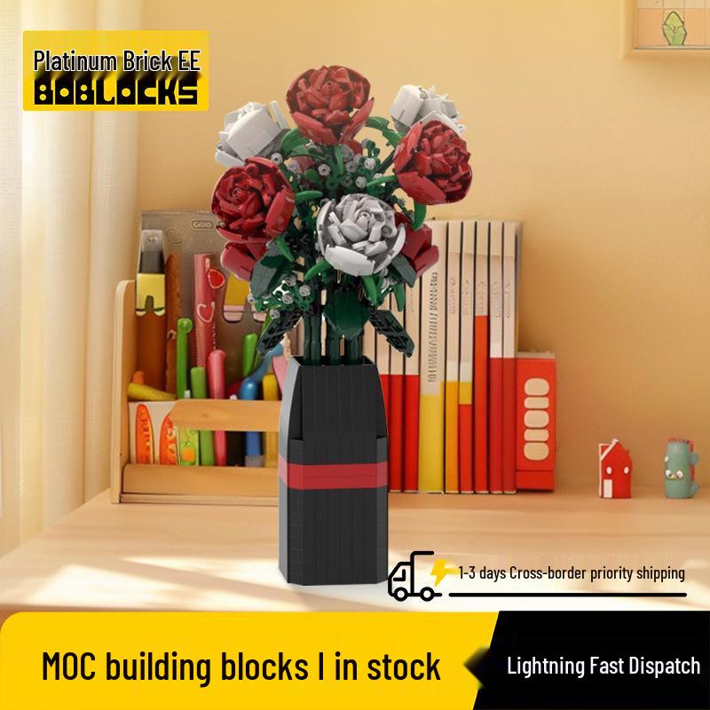Red and White Roses in Vase Building Block Set for Kids MOC-107699 Red and White Roses with Vase