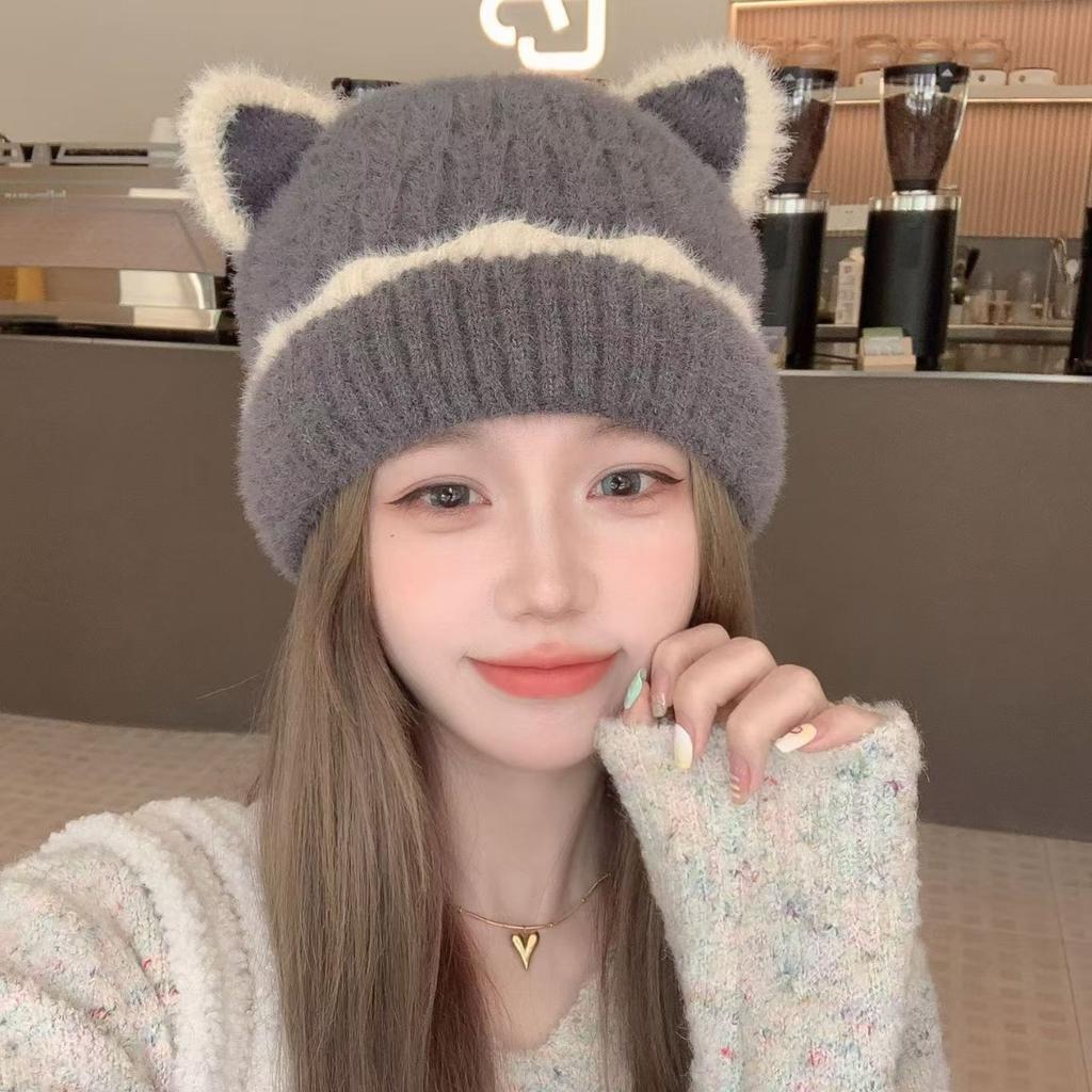 Autumn and Winter New Korean Style Cute Ear Hats for Women Japanese Style Knitted Woolen Hats Large Head Circumference Anti Cold Winter Warm Hats