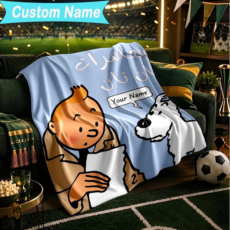 1PC Custom Name Blanket Tintin's Adventure City Flannel blankets Patterns Throw Blanket All-Season Soft Gift for Couch, Bed, Camping, Birthday gifts