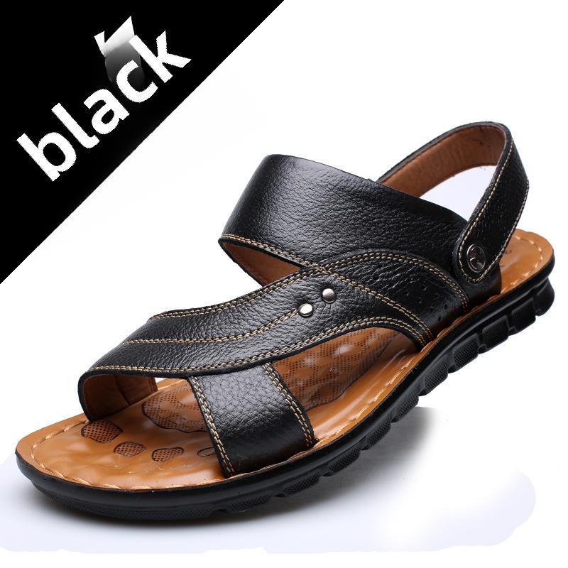 

Летние мужские кожаные сандалии 2025 года — повседневная пляжная обувь и модные тапочки 37 чёрный