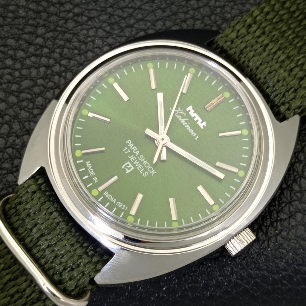 INDIAN VINTAGE HMT KOHINOOR HAND-WINDING MENS GREEN COLOR DIAL WATCH A441049-4 HT-a441049